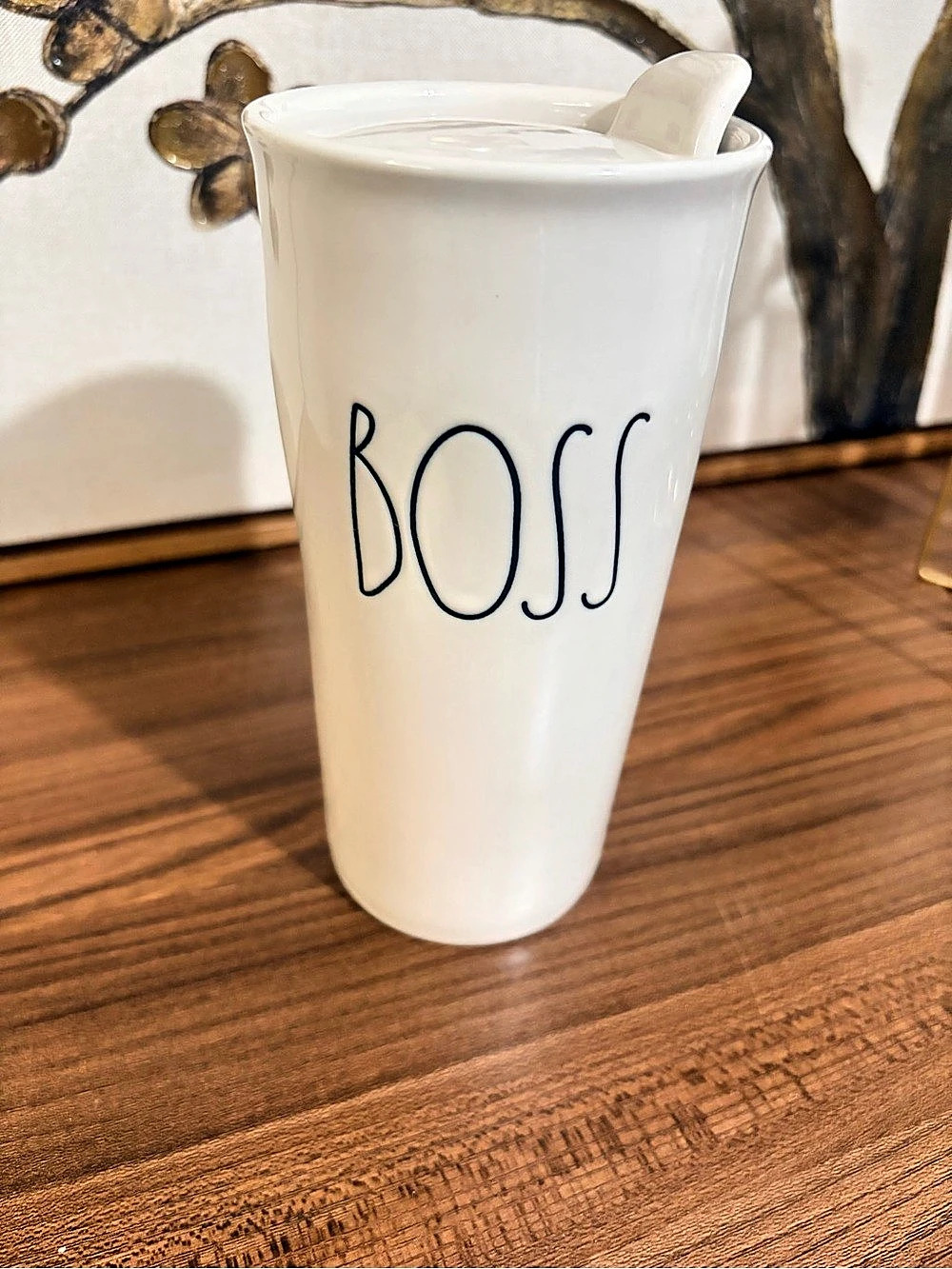 Rae Dunn BOSS Ceramic Travel Mug White with Lid